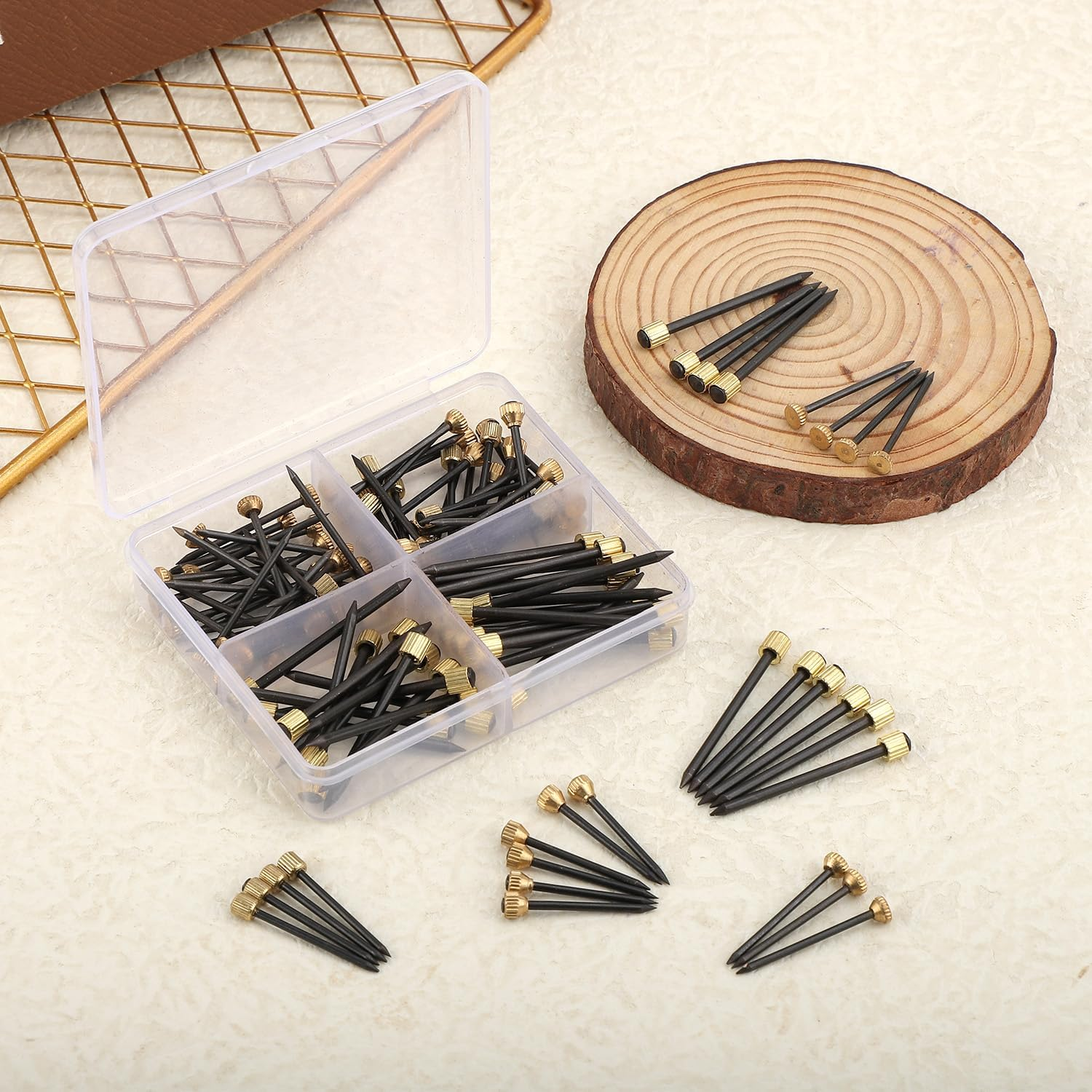 120Pcs Picture Hanging Nails, Steel Pin & Brass Head Picture Frame Nails with Plastic Box 4 Size Picture Decorative Hangers for Pictures Mirrors Baskets image number 4