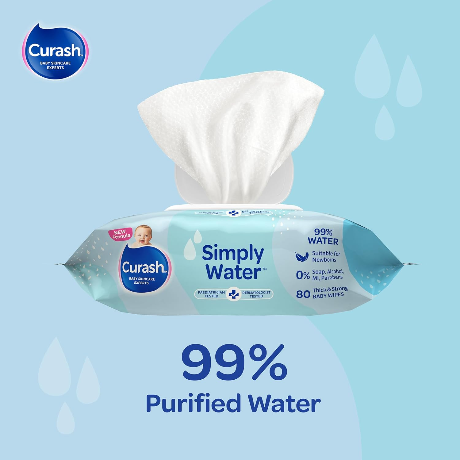 New Formula Curash Simply Water Baby Wipes, 8X80 Pack, Suitable for Newborns, 99% Purified Water, No Soap, Alcohol or Parabens, Thick & Soft Texture, Everyday Cleansing and Nappy Changes, 640 Wipes image number 4