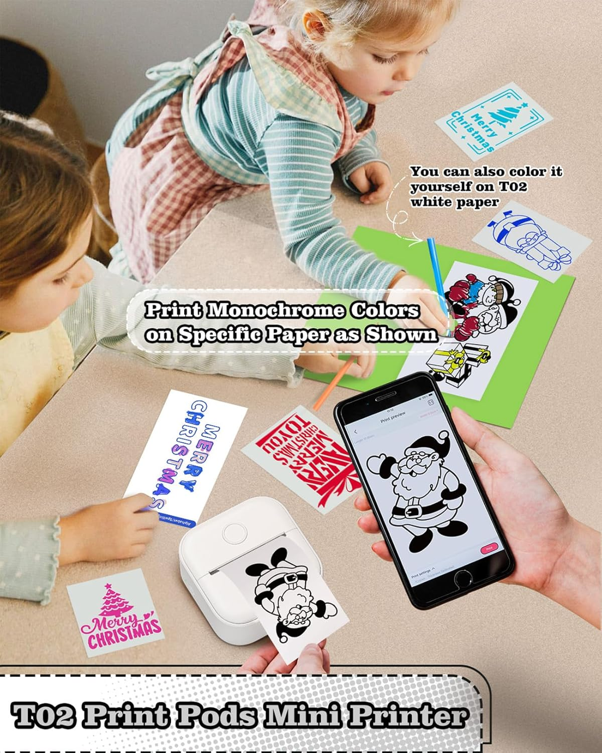 Mini Sticker Printer - T02 Portable Pocket Printer with 3 Rolls Paper, Bluetooth Photo Picture Printer for Students Birthday, Compatible with Phone & Tablet, White image number 5
