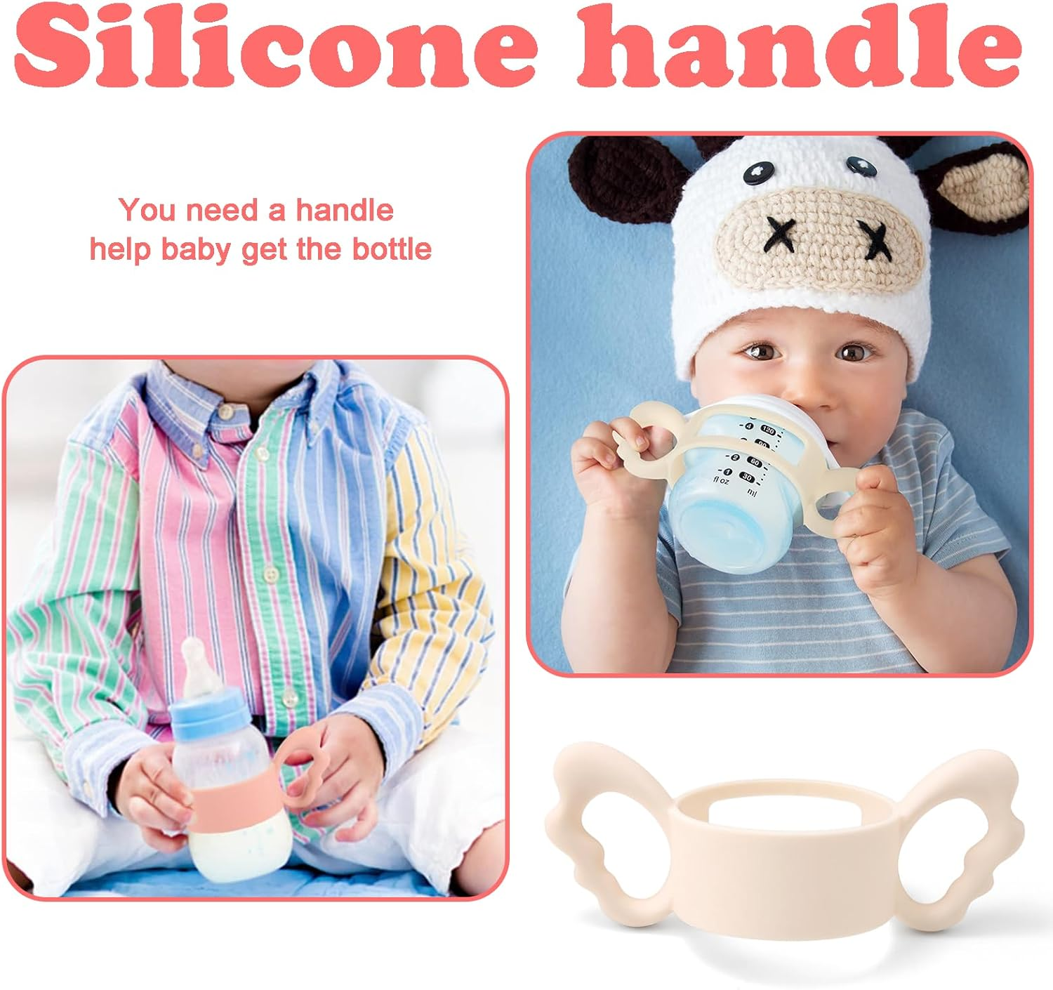 Treayes Silicone Baby Bottle Handles (3 Pcs) with Easy Grip and Brush, Lightweight for Easy Carry, Lightweight Carry Silicone Wide-Neck Bottle Handles 3 Colors image number 4