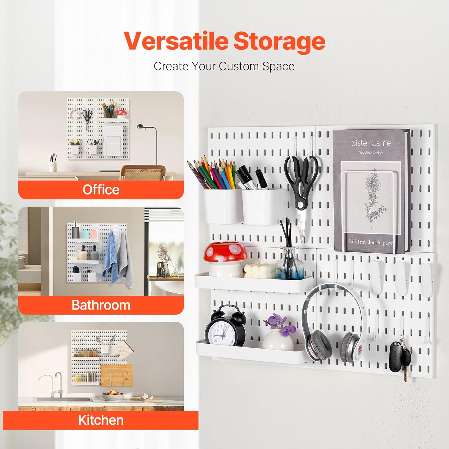 VEVOR Pegboard Combination Kit, 280 X 280 Mm Plastic Pegboard, 4 Panels, Peg Board Wall Organizer Kit with Accessories, for Garage Tool Storage Kitchen Living Room Craft Room Office Bathroom, White image number 4