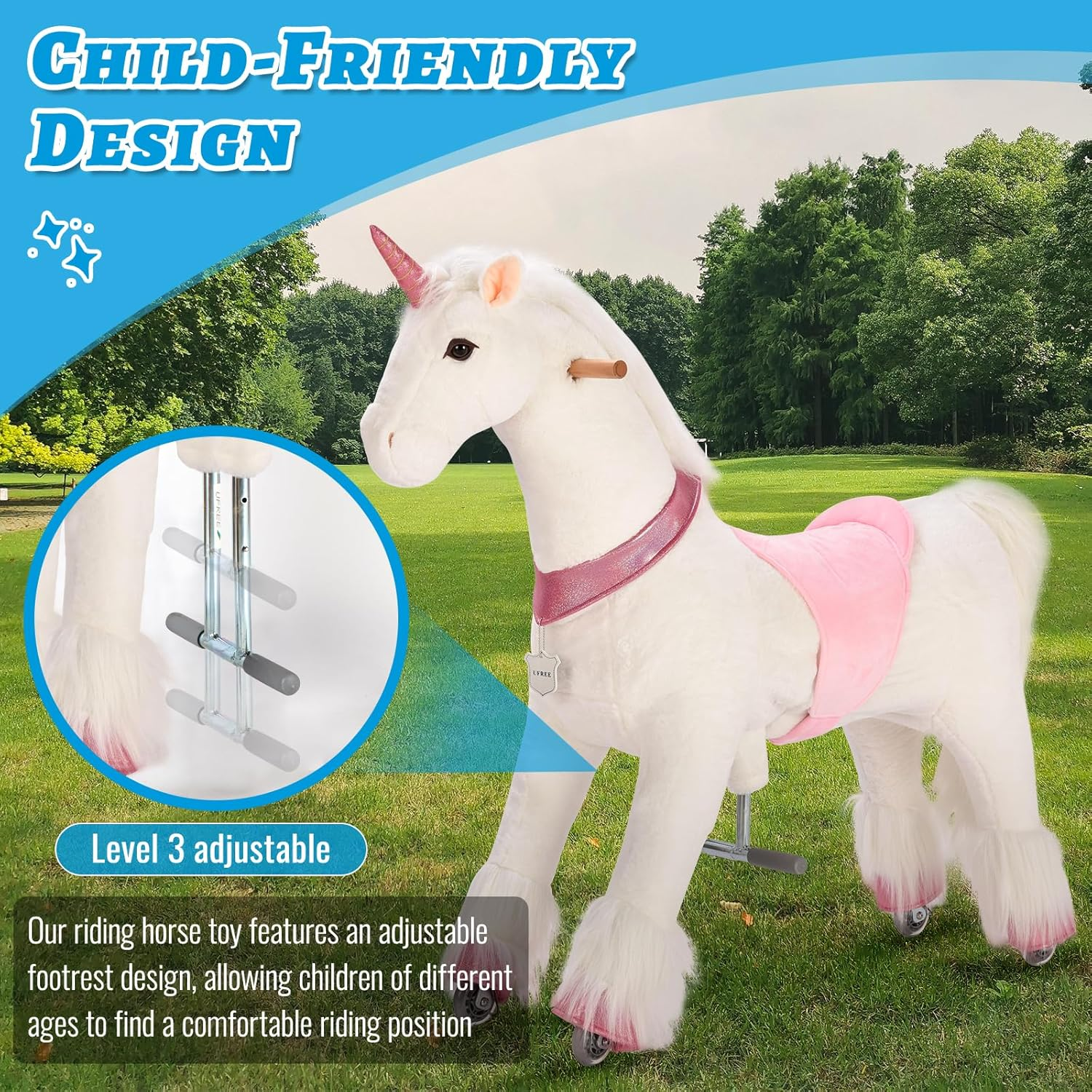UFREE Horse Action Pony, Ride on Toy, Mechanical Moving Horse, Giddyup for Children 4 to 9 Years Old, Height 36 Inch (Unicorn with Pink Horn) image number 4