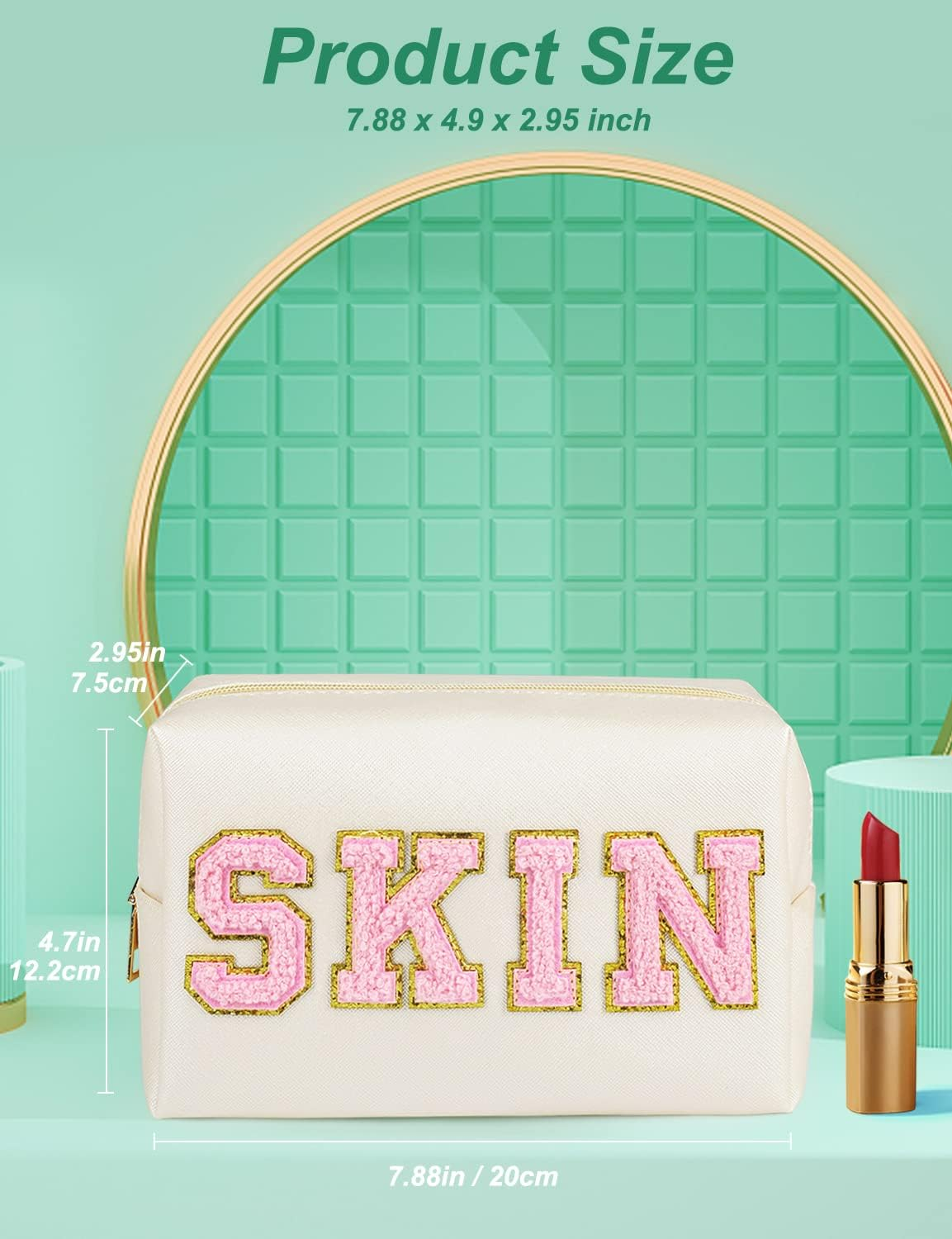 Makeup Bag, Synthetic Leather Patch Cosmetic Bag with Skin Chenille Letter for Travel, Girlfriend or Wife, Present for Girls, Daughter, Sister and Mother image number 5