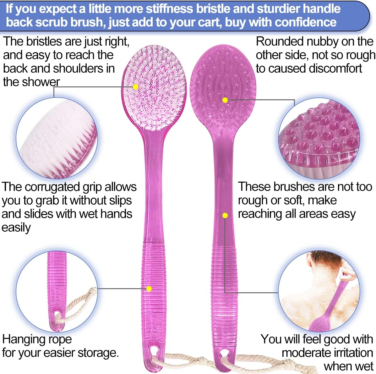 AMERWASH plus Bath Body Brush for Shower, 14 Inches Long Handle, 2 Packs Bath Scrubber Skin Exfoliation Bath Shower Body Brushing Pink image number 5