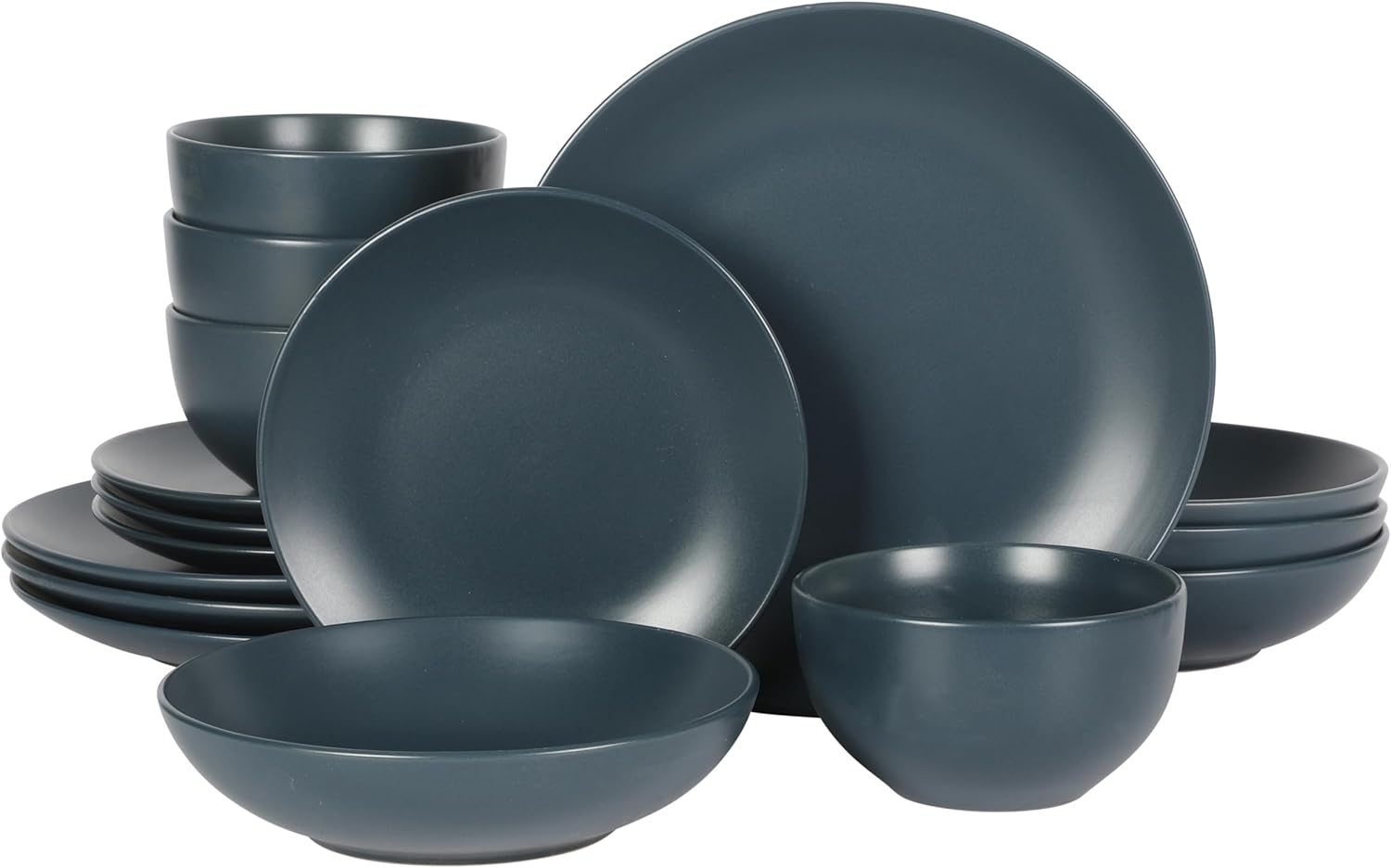 Gibson Home Queenslane 16 Piece Double Bowl Plates and Bowls Dinnerware Sets - Matte Blue