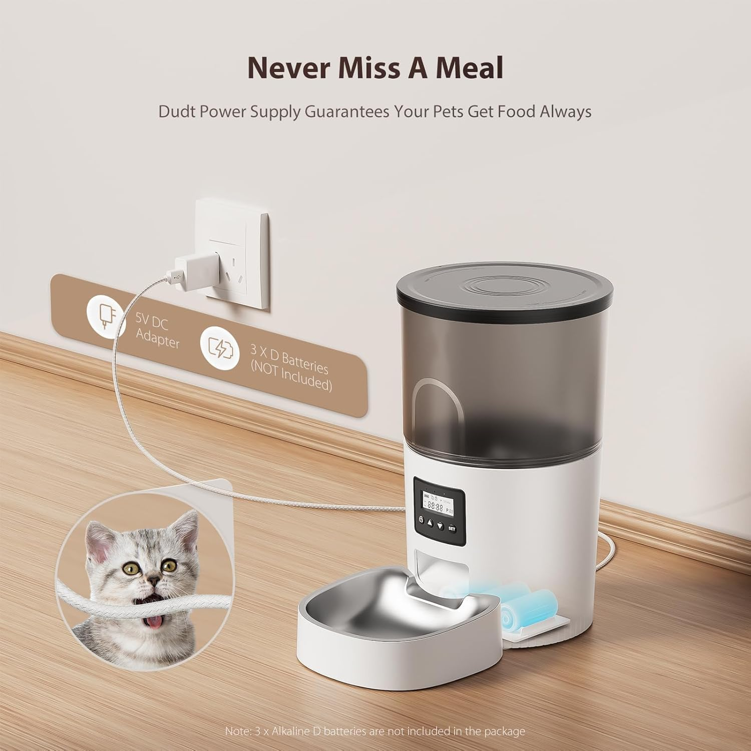 Automatic Cat Feeders, 3L Timed Cat Dry Food Dispenser, Dual Power Supply, Programmable Portion Size, 1-6 Meals per Day, Auto Pet Feeder for Cats and Small Dogs image number 2