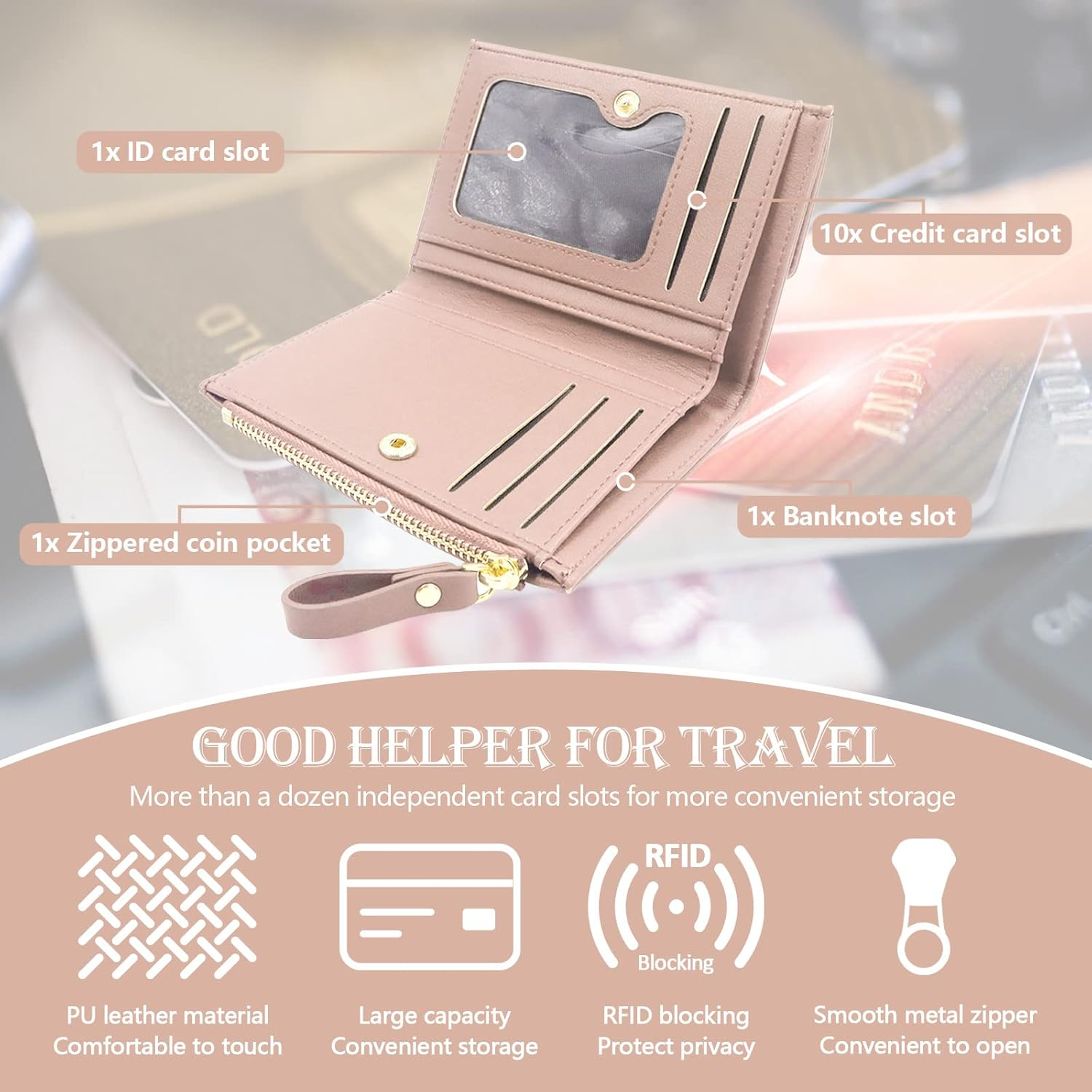 Bifold Leather RFID Blocking Wallet for Women Mini Ladies Purse with Coin Pocket, with Zipper Buckle, Credit Card Holder Coin Purse PU Small Short Wallet (Pink) image number 5