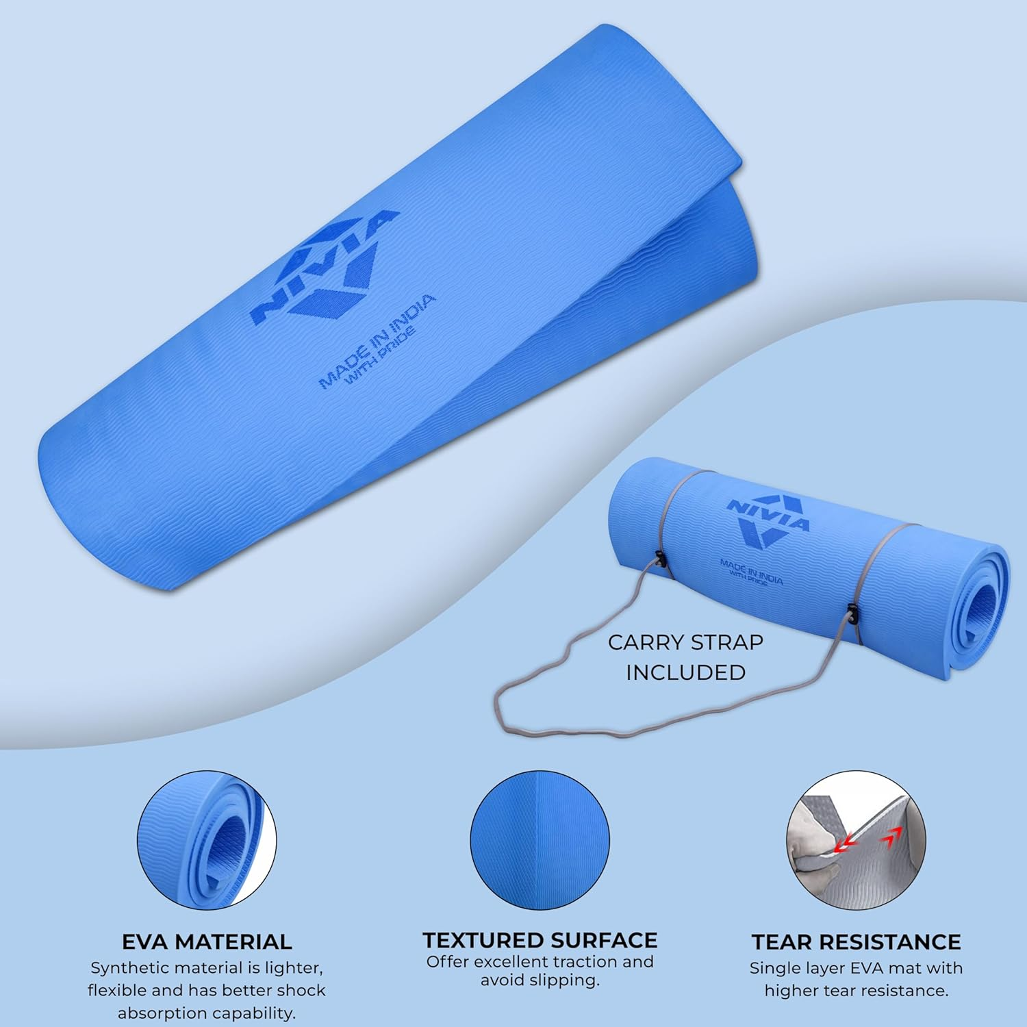 Nivia Ethylene Vinyl Acetate Anti-Skid Yoga Mat | Color: Blue | Size: 8Mm | 1453BL | Comfortable and Firm Cushioning | Eco Friendly | Use for Yoga & Exercise | Non-Slip Surface image number 1