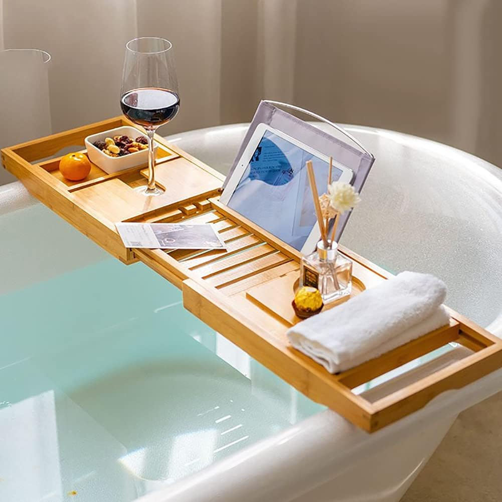 100% Natural Bamboo Bath Caddy Bridge &ndash; Extendable Bath Caddy Tray for Tub with ​Wine Glass Holder, Tablet, Kindle image number 5