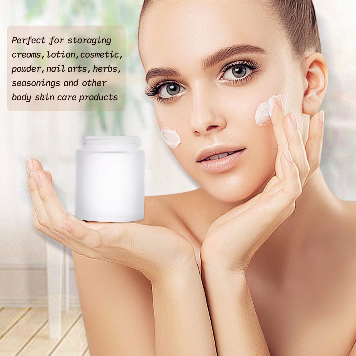 4 Pack 100G/3.4Oz Frosted Glass Cream Jars Refillable Cosmetic Containers Translucent Sample Jar Pot with Plastic Wood Grain Lids for Lotion Cream Eyeshadow Moisturiser Make Up image number 1