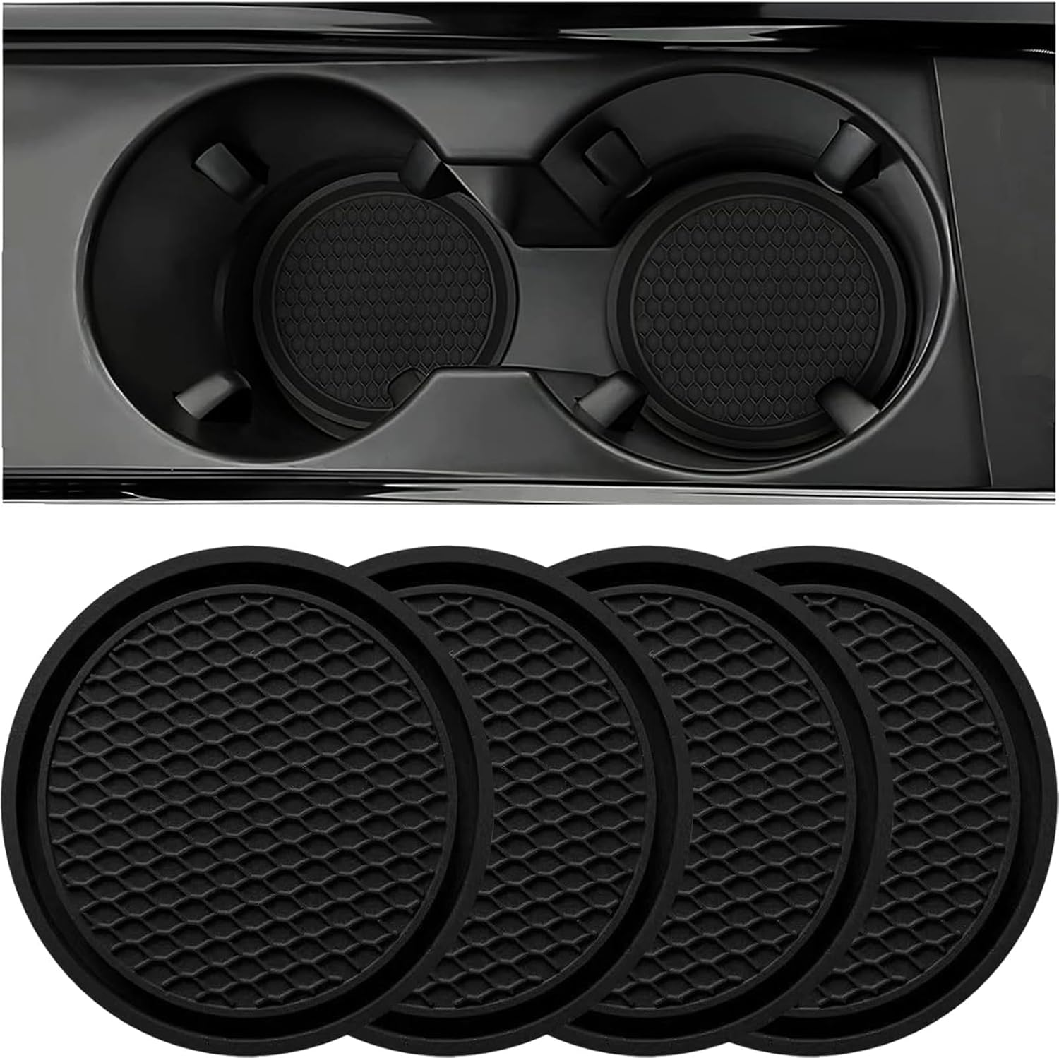 Custelen Universal Non-Slip Car Cup Coaster - Set of 4 Black Embedded Ornaments Cup Holders for Car Interior Accessories image number 2