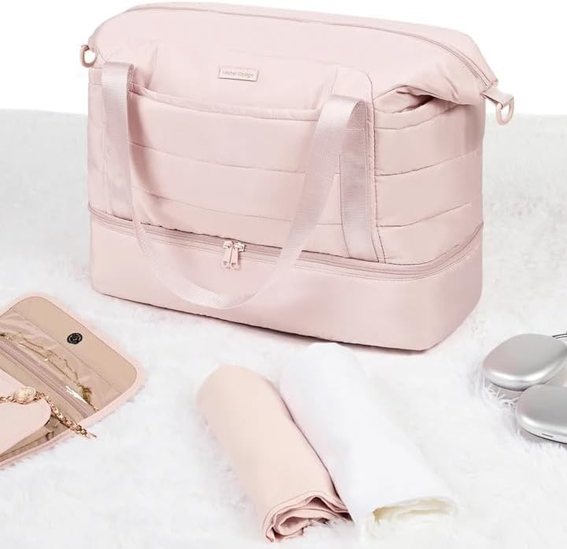 NISHEL Double-Layer Weekender Bags for Women, Personal Item Duffle Bag with Shoes Compartment, Large Capacity Travel Bag, Overnight Luggage Bag with Pocket, Pink image number 1
