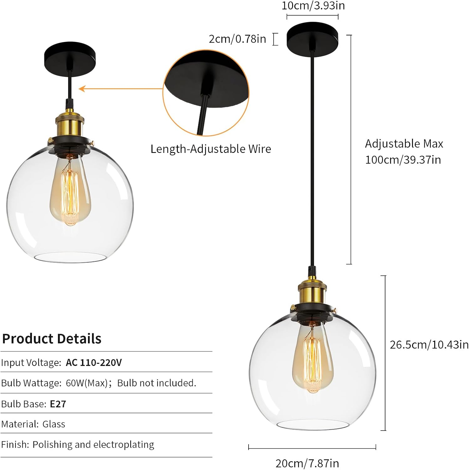 FORCOSO 3PCS Vintage Glass Pendant Light, Industrial Ceiling Pendant Lights with Clear Glass Globe Shade, Adjustable Pendant Lighting for Kitchen Island Dining Table Hallway Entryway（&Oslash;20Cm） image number 4