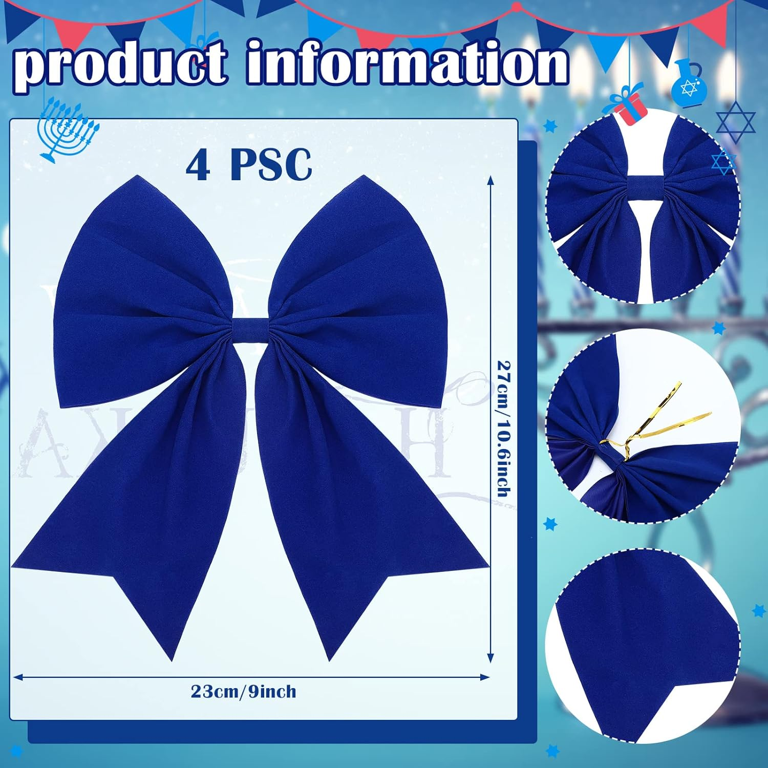 Giegxin 4 Pcs Large Christmas Wreaths Bows 9 X 10.6 Inch Christmas Tree Velvet Ornaments Bows Xmas Tree Topper for Xmas Holiday Home Outdoor Party Decoration(Blue) - Beige image number 4