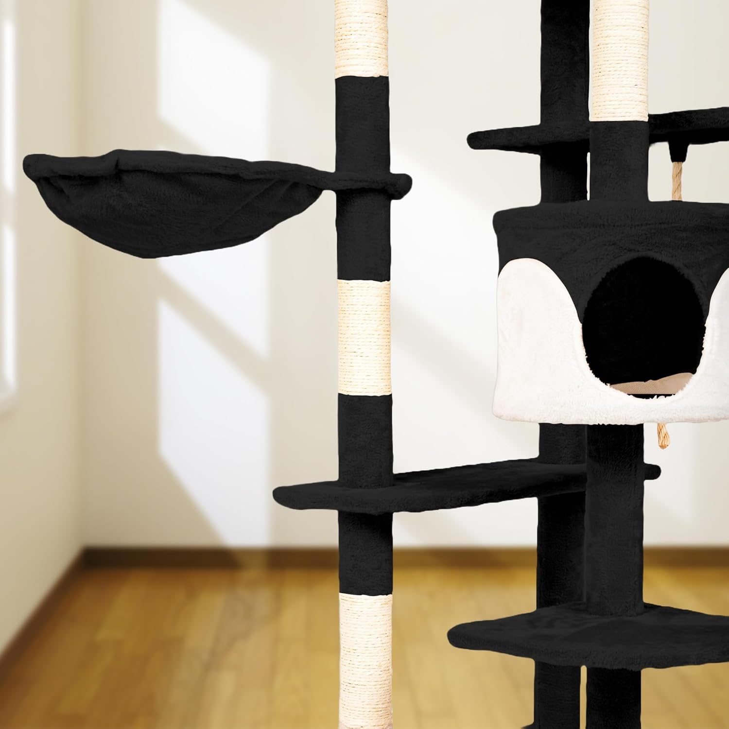 Casa Basics Cat Tree Scratching Post for 1-3 Cats, Large Height 204 Cm Climbing Tower, Multi-Level Stable, Activity Trees, Platforms, Rope, Rope, Hutches, Nests, Soft Plush Fabric (Black) image number 4