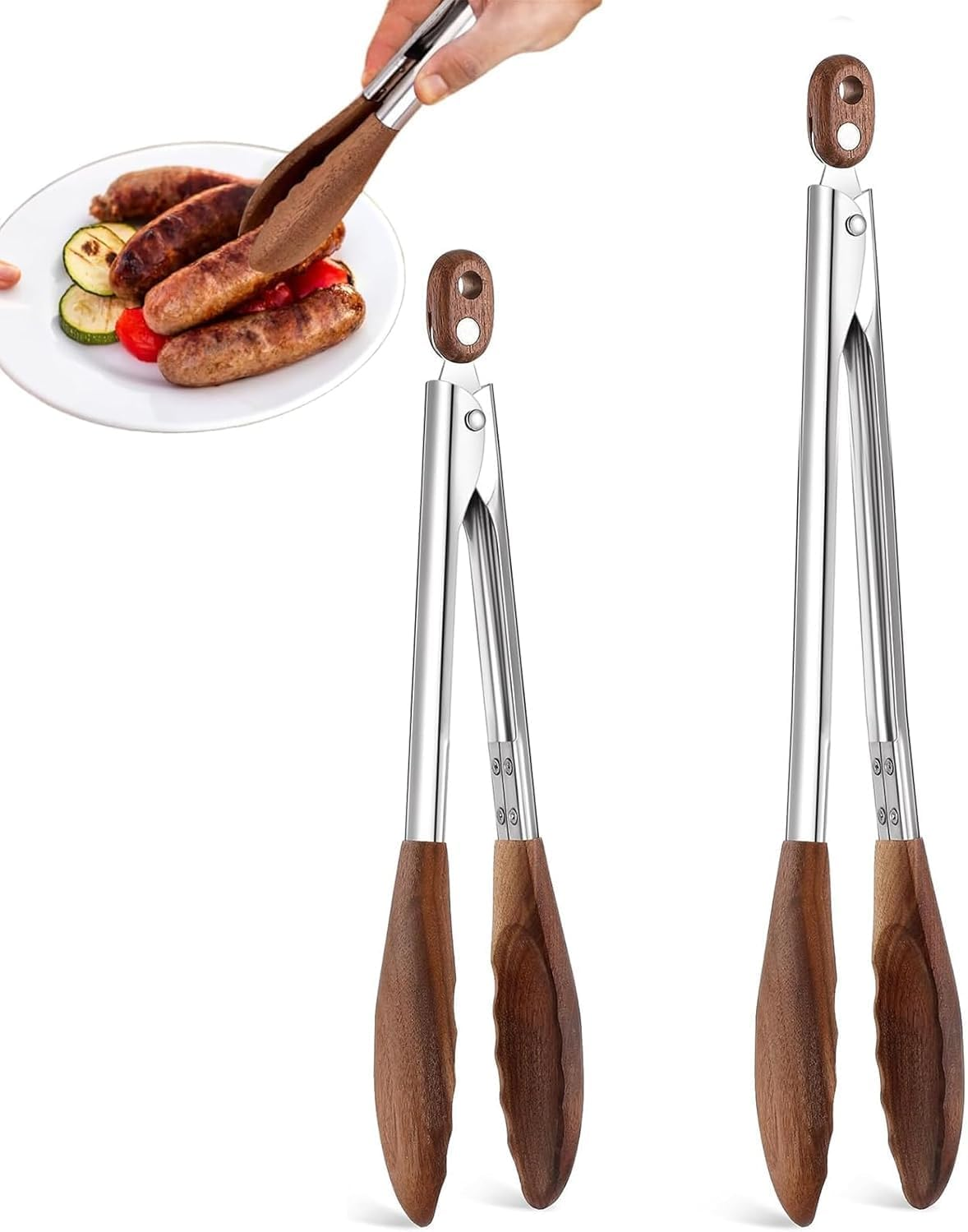 Phoselpida Kitchen Tongs Set - 9" & 12" Anti-Slip Long Wooden Cooking Tongs for BBQ, Grilling, Salad Tossing & Serving - Heat Resistant, Non-Stick Stainless Steel Handles with Hanging Hole image number 3