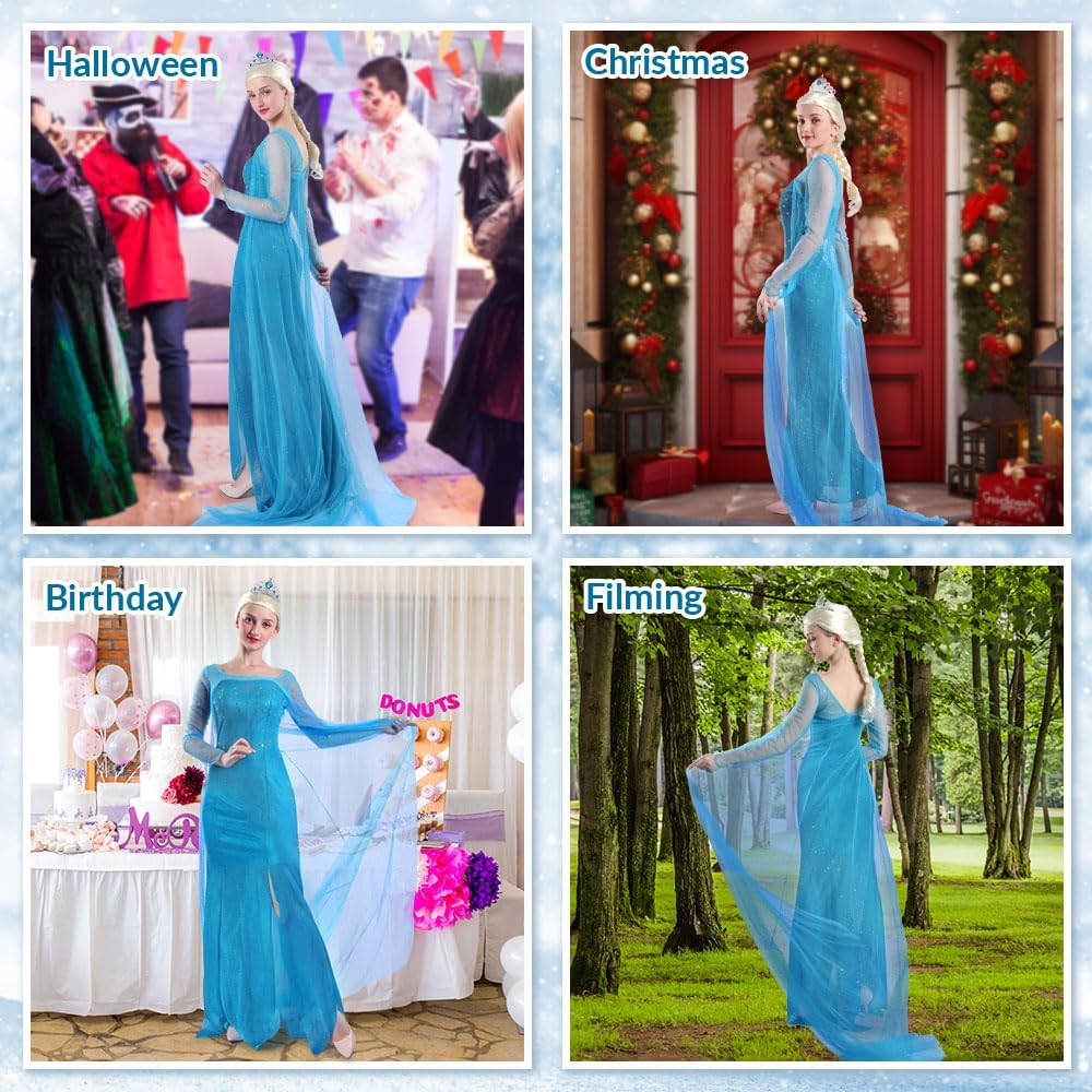 AUTOWT Womens Princess Costume, Elsa Cosplay Dress up with Cape Queen Gown, Snow Princess Role Play Outfits for Adult Birthday Party Costume Book Week image number 5