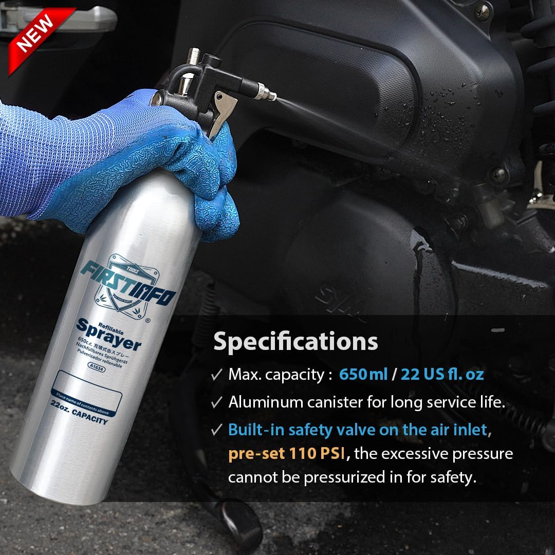 FIRSTINFO A1634 Patented 650Ml Aluminum Canister Aerosol Refillable Spray Can/Compressed Air Sprayer/Max. Pressure 110 Psi/Short Nozzle with Mist Spray image number 2