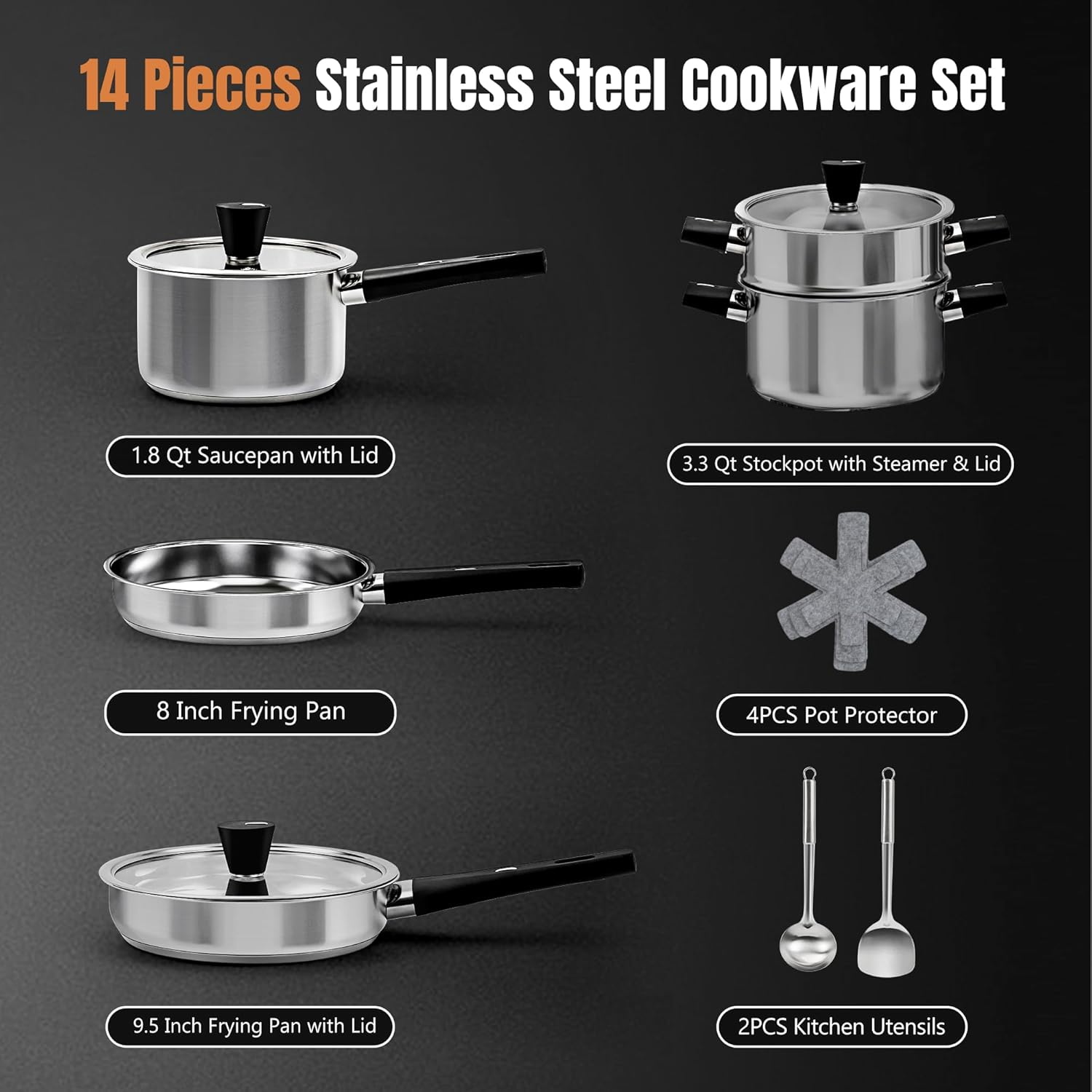 ASKSCICI Stainless Steel Cookware Set, 14-Piece Pots and Pans Set, Kitchen Cookware Set with Stay-Cool Handle, Non-Toxic, Dishwasher Safe & Compatible with All Stovetops (Gas, Electric & Induction) image number 2