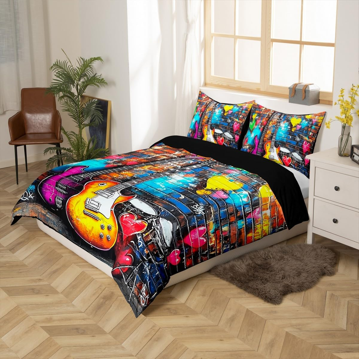 Electric Guitar Duvet Cover Set Queen Size,Tie-Dye Graffiti Brick Wall Bedding Set,Boys Girls Room Decor,Rock Music Modern Artwork Comforter Cover,Corlorful Quilt Cover,2 Pillowcases(No Comforter) image number 2