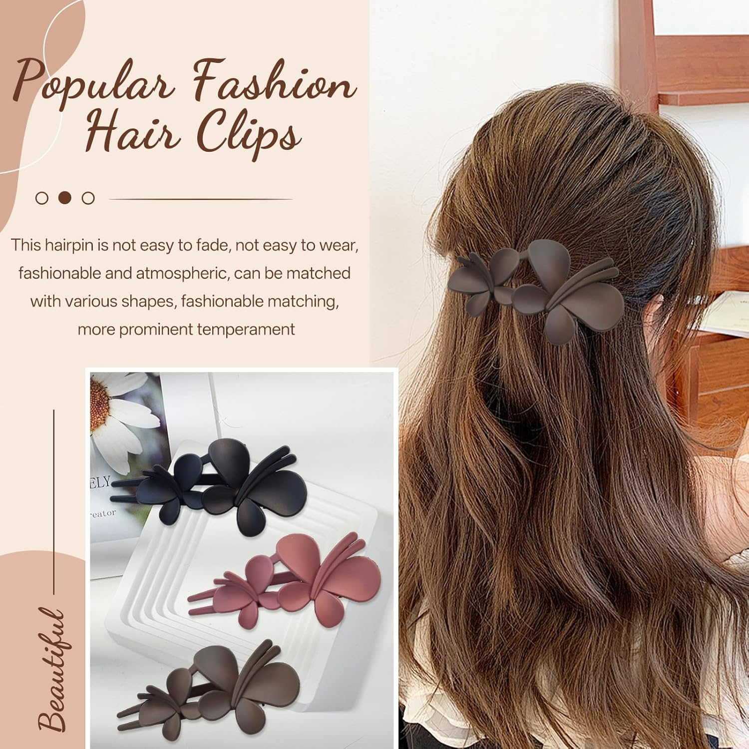 Pack of 3 Women'S Hair Clips, French Hair Clips, Butterfly Hair Clip, French Hair Clip, for Thick & Thin Hair, Everyday, Sports or Relaxation - D image number 3