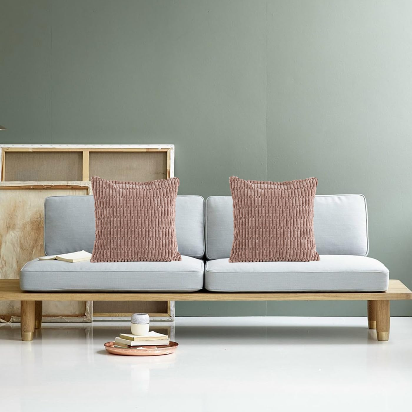 Pack of 2 Corduroy Decorative Throw Pillow Covers 18X18 Inch, Soft Neutral Couch Pillow Covers Boho Plush Striped Cushion Cases Rustic Farmhouse Home Decor for Sofa Bedroom Living Room Couch Balcony - Light Brown image number 6