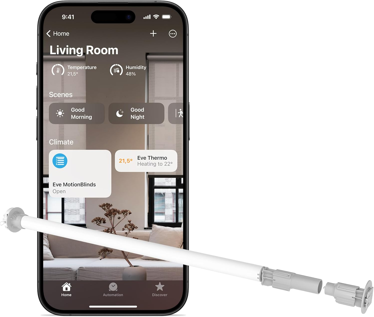 Eve Smart Shading Set (Matter): 1 Eve Motionblinds Upgrade Kit for Roller Blinds (Motor to Upgrade Existing Indoor Blinds) & 1 Eve Motion (Smart Motion and Light Sensor), Requires Thread Border Router image number 1