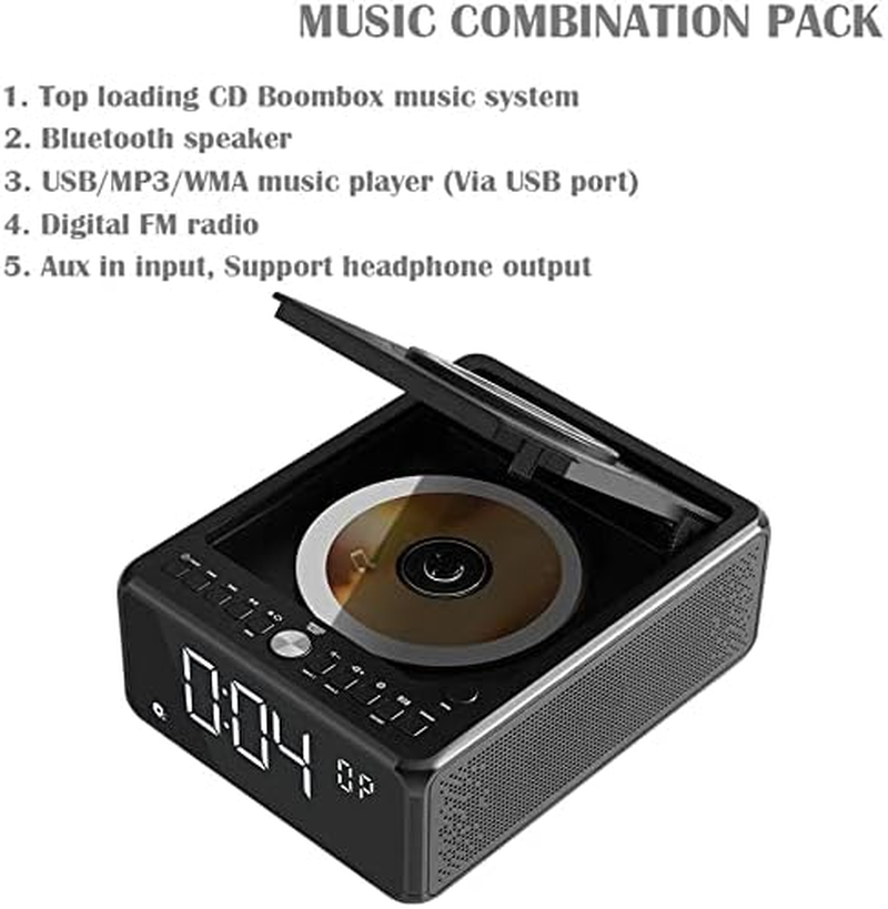 Gelielim CD Player Boombox with Remote, Dual Alarm Clock Radio, Wireless Charger, Bluetooth Digital FM Radio, MP3/USB Music Player, Snooze & Sleep Timer, Dimmable Mirror LED Display （Black） image number 5