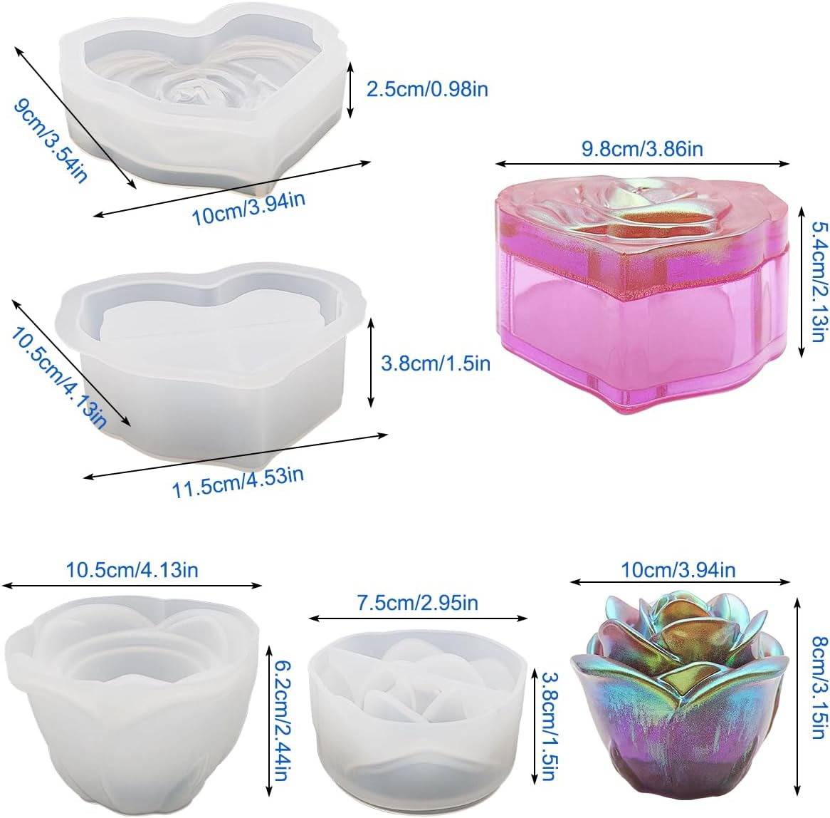2 Pcs Rose Heart Jar Resin Molds with Lid, Finegood DIY Storage Box Resin Molds Silicone, Molds for Resin Casting Jewelry Candle Holder Candy Container
