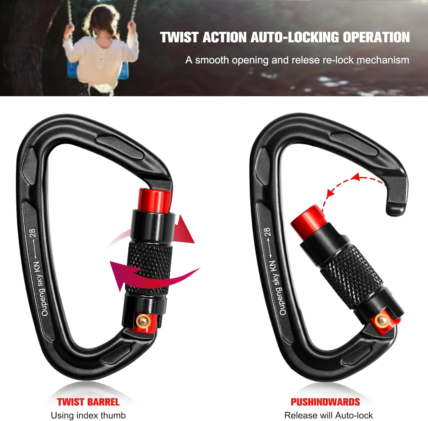 Auto Locking Carabiner Clips - 28KN (6172Lbs) Heavy Duty Caribeaners ，2PCS Large Carabiner Clip for Keychains，Hammock，Camping, Gym, Hiking, Outdoor ，Dog Leash