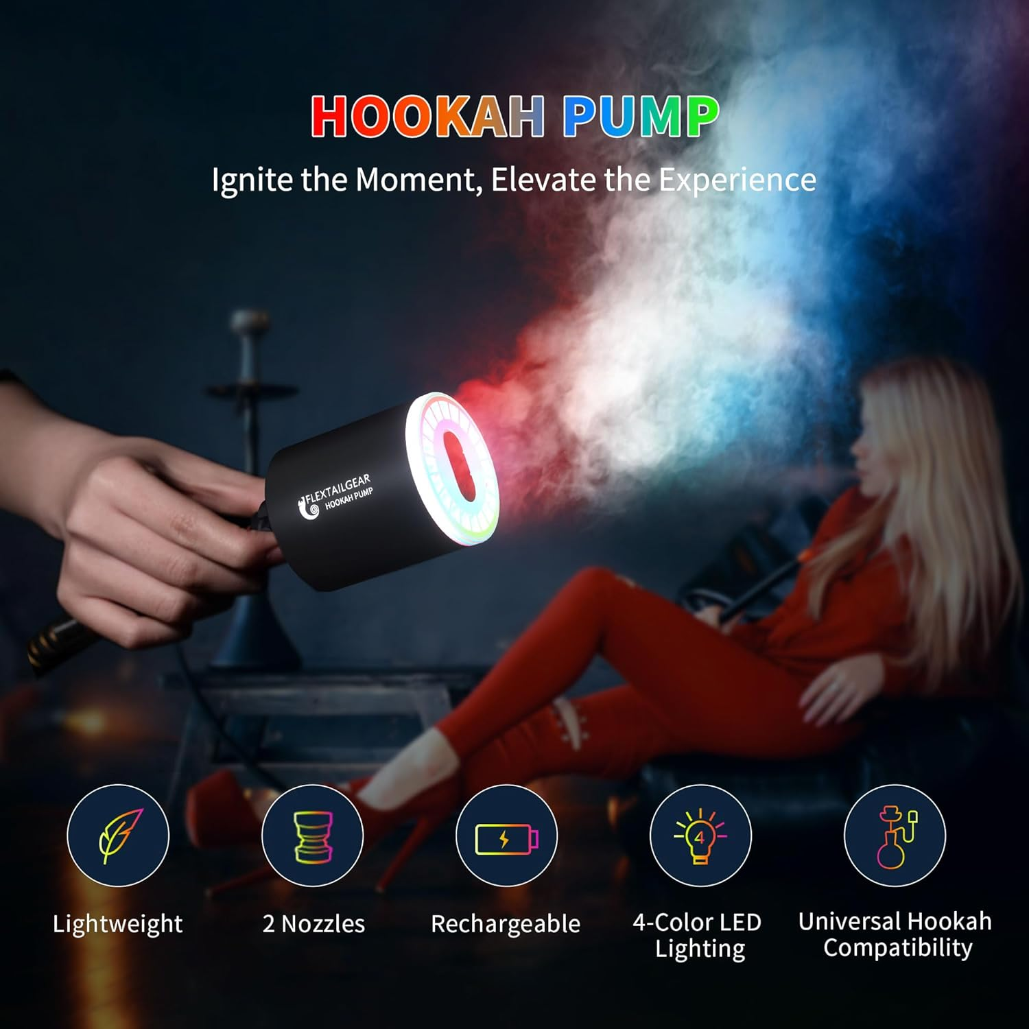 FLEXTAILGEAR Electric Hookah Pump Kit with 1300 Mah Rechargeable Battery Led Light Mini Portable Charcoal Coal Burner Helper Shisha Nargila Warm up Starter Set Smoke Bar Accessories image number 2