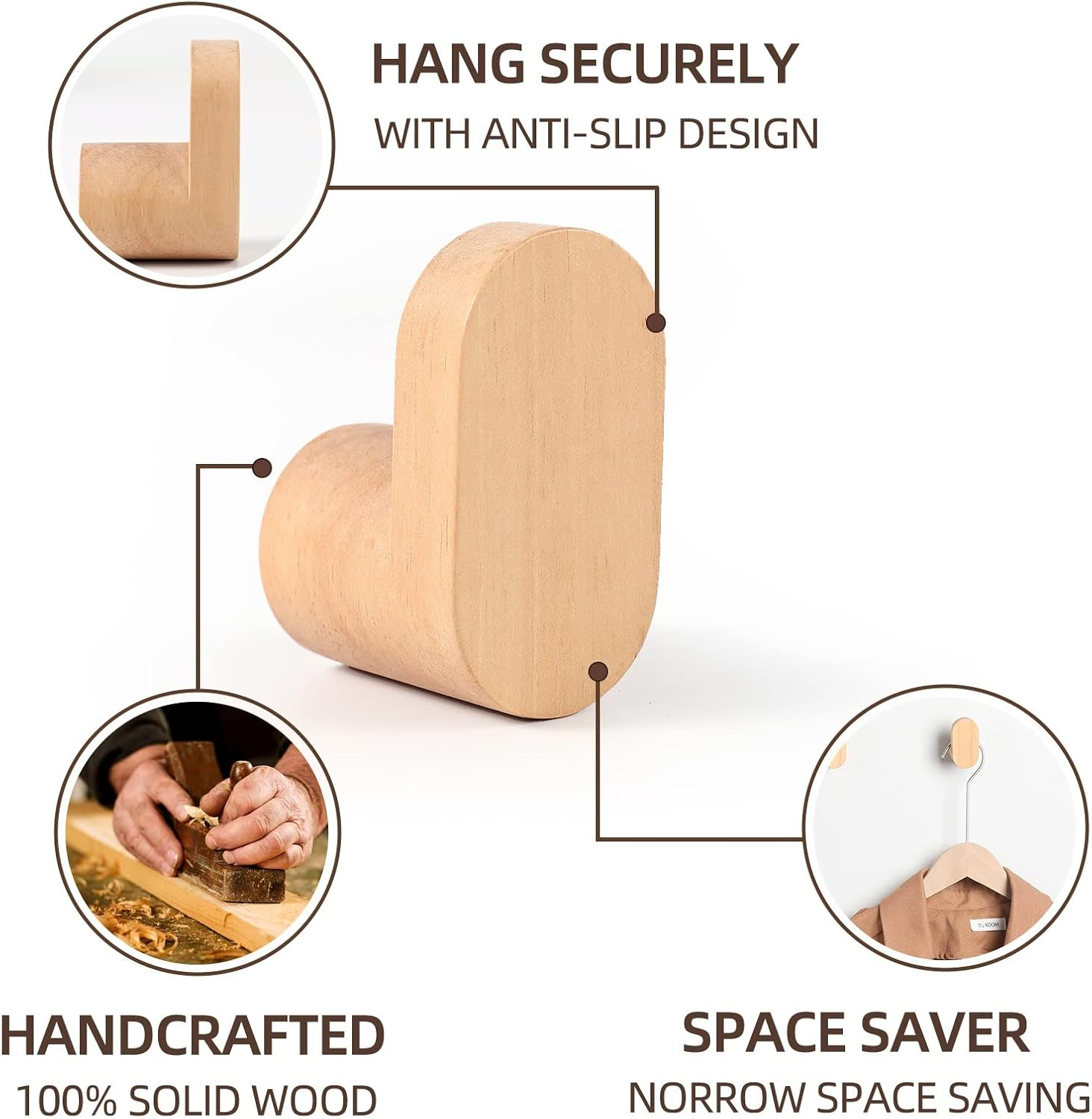 LIVESO Wood Wall Hooks, Modern Minimalist Wood Hooks Wall Mounted, Natural Wooden Wall Coat Hook Rack, Wooden Pegs for Hanging Hat, Towel, Robe, Bag (Pack of 4Pcs) image number 1