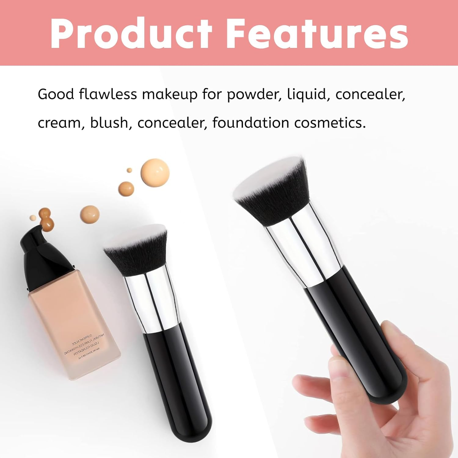 Flat Top Kabuki Foundation Brush for Liquid Makeup, Professional Buffing Blending Brush for Mineral Powder, Cream, and Liquid Foundation, Large Makeup Face Brush in Elegant Black image number 5