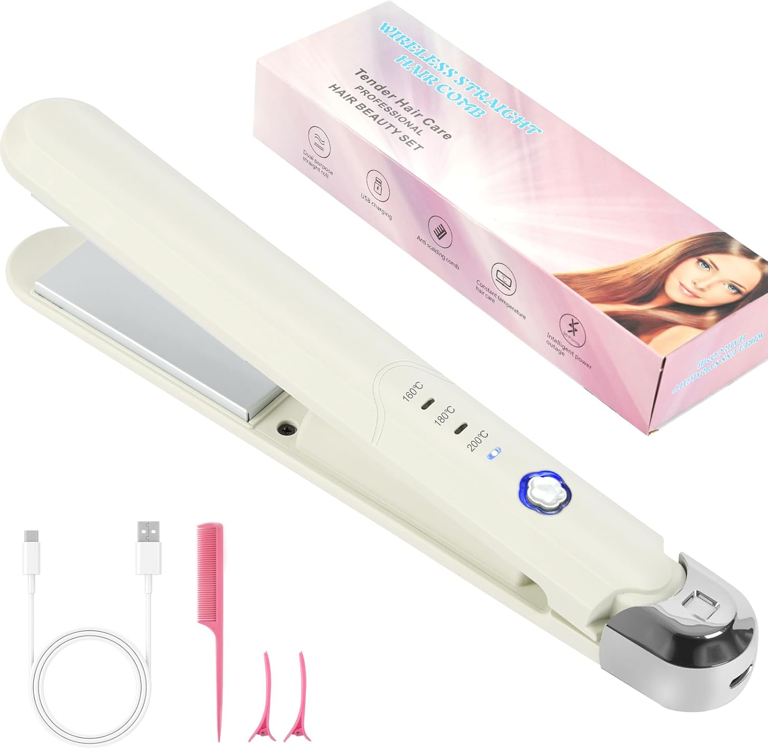 Alaoo Wireless Hair Straightener, 2 in 1 Ceramic Hair Straightener, 4 Temperature, Adjustable Temperature 140 &deg;C - 200 &deg;C, Curler Straightener for Women, Holidays, Travel, Camping Styling, Black