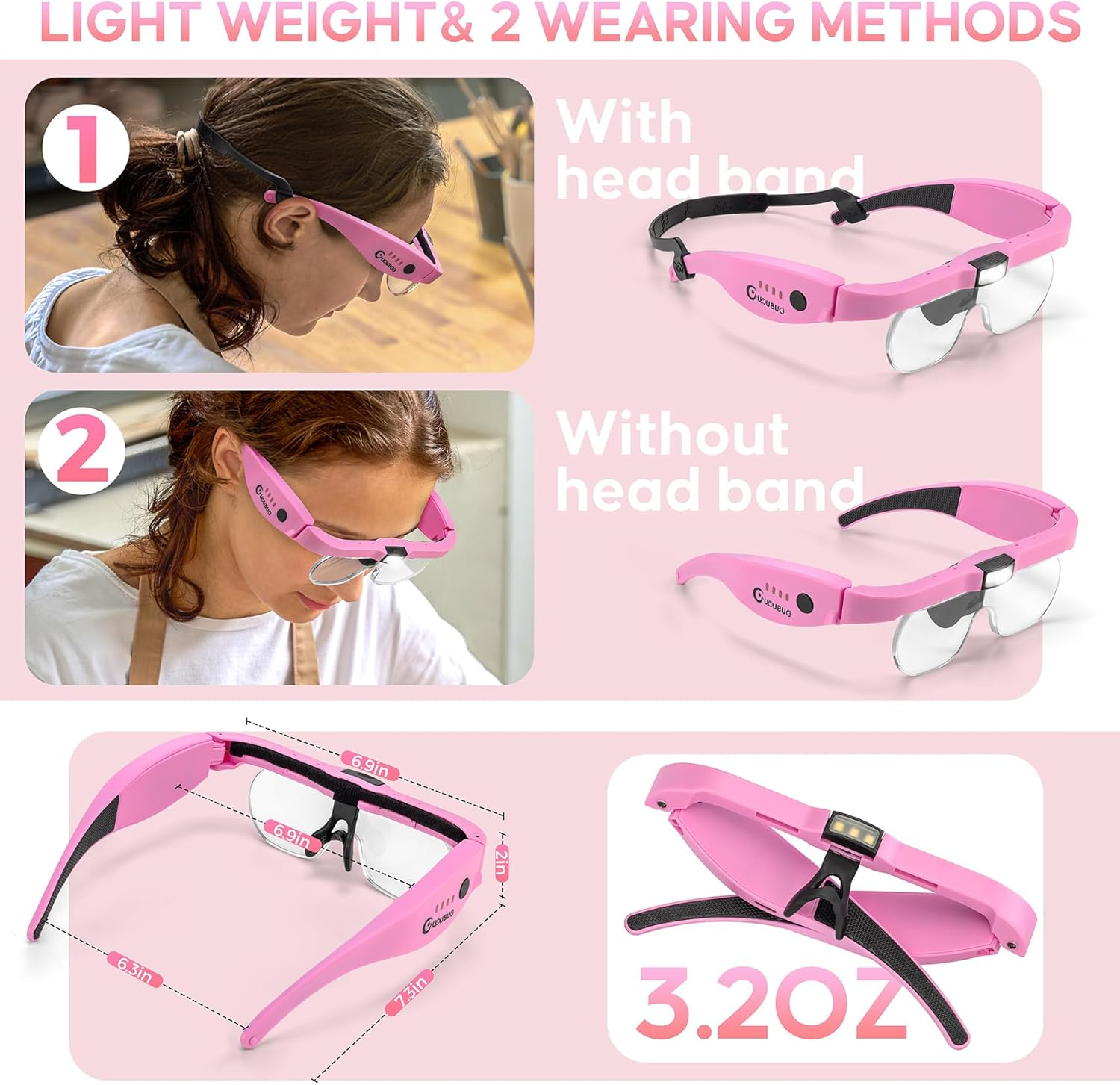 Magnifying Glass with Light, 1.5X-5.0X Magnifying Glasses, Rechargeable Magnifier Headset with Light, Head Magnifier with 4 Detachable Lenses, Magnify Glasses for Close Work Crafts Jewelry - Pink Magnifying Glass With Light image number 5