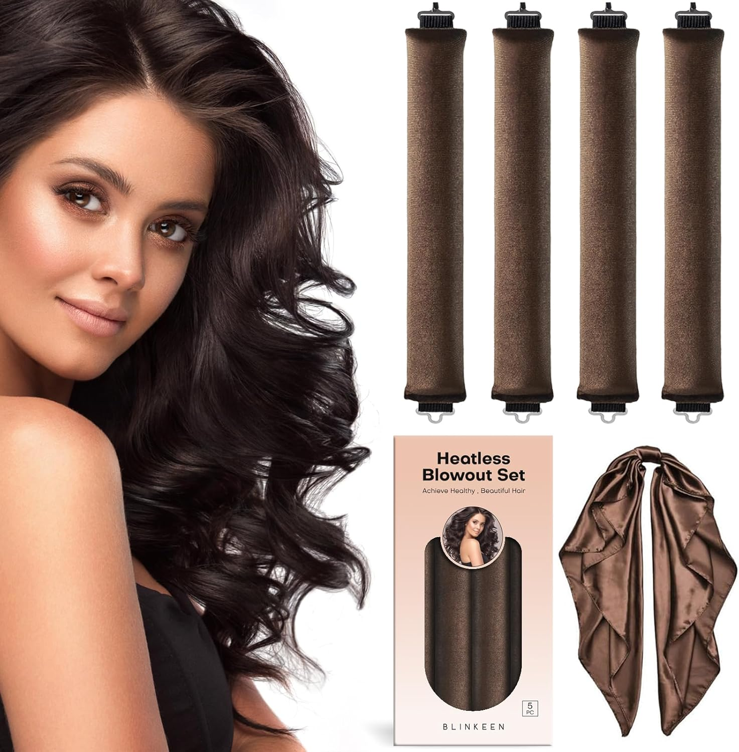 BLINKEEN Heatless Overnight Hair Curling Set with Scarf, Velvet Rods with Hook, No Heat Curlers All Hair Types, Jumbo Hair Rollers for Blowout Hair