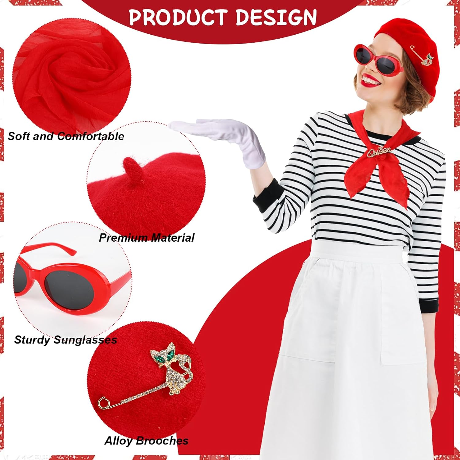 XEPST 6 Piece French Costume Set - 50S Costume for Women with French Beret Hat Sunglasses Scarf Gloves French Artist Kit for Halloween Cosplay Carnival image number 3