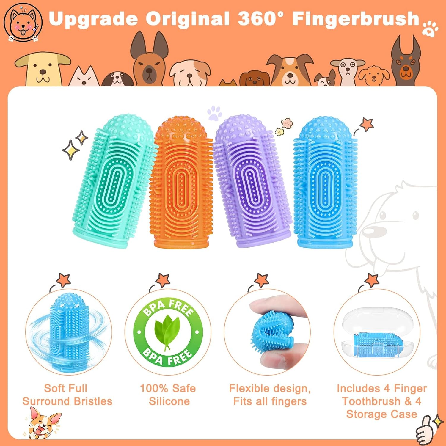 ZANZER Toothbrush Dog Tooth Brushing Kit 4Pack Dog Finger Toothbrush for Dog Teeth Cleaning&Dog Dental Care,Cat Toothbrush Dog Tooth Brush Puppy Toothbrush Pet Toothbrush image number 6
