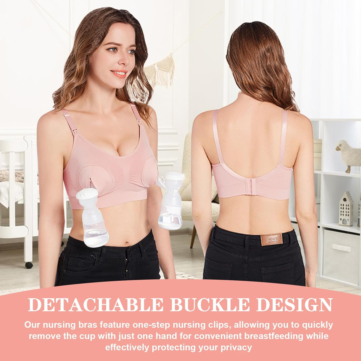 Nursing Bra for Breastfeeding, Adjustable Wireless Maternity Bra with Extra Extenders, Hands Free Pumping Bra Spectra for Breast Pumps（Pink） image number 3