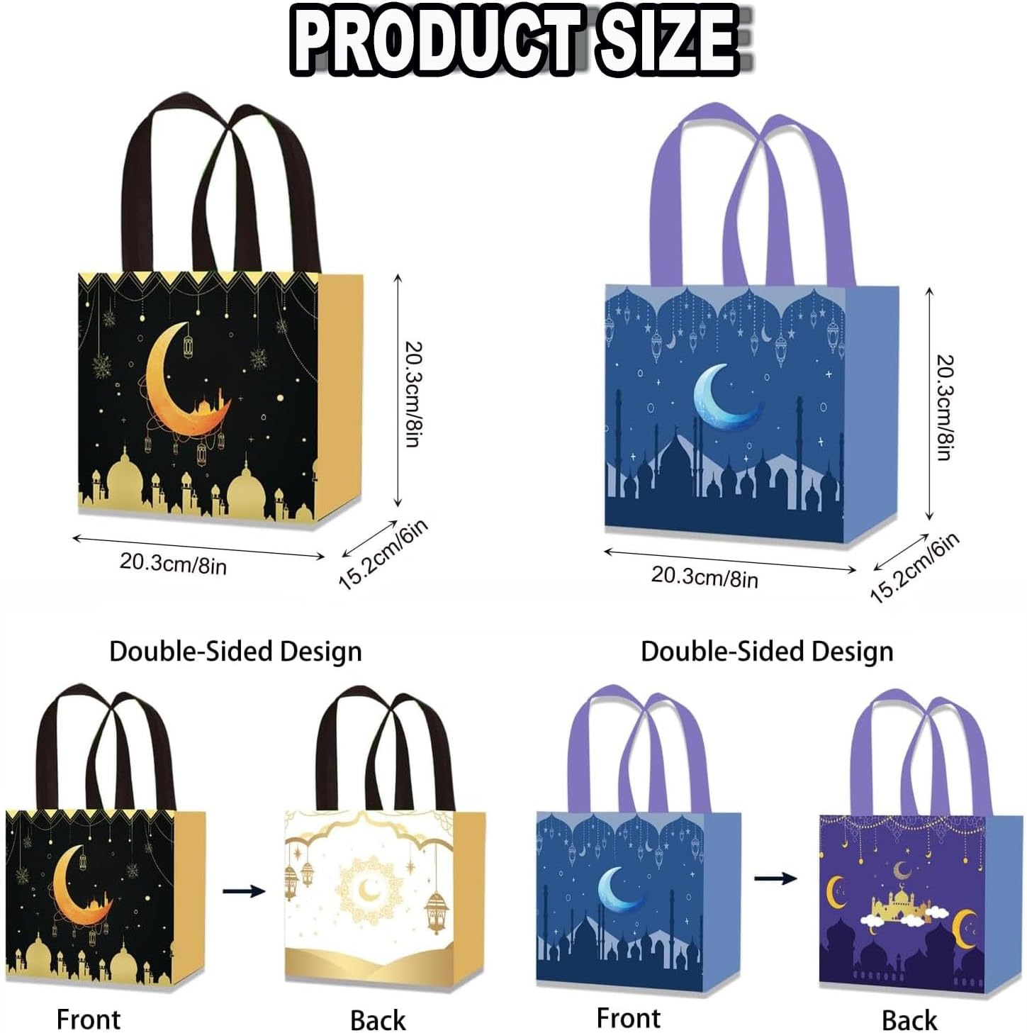 BEANPRECOY 8 Pcs Reusable Eid Mubarak Gift Bags, Ramadan/Eid Al-Adha Non-Woven Party Favors for Candy & Decor,20X20X15Cm Muslim Celebration Supplies Moon and Lantern Design,Black,White,Blue and Purple image number 2