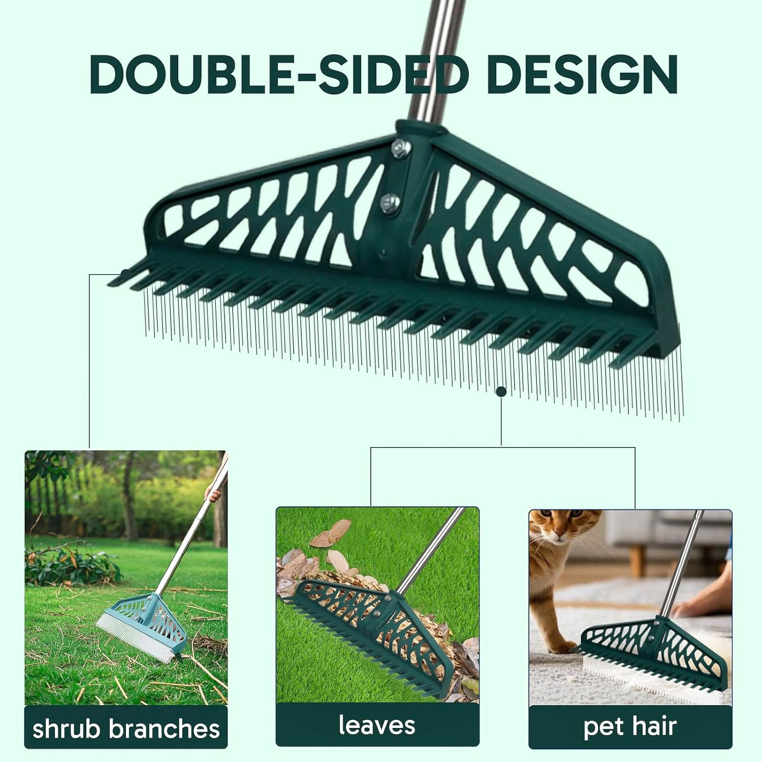 Artificial Rake, Double Sided Garden Hand Broom Rake Stainless Steel Long Pole Leaves Rake16 Inch Wide for Garden Grass Clean Lawn Artificial Turf Patios Carpets Pet Hairs Cleaner image number 1