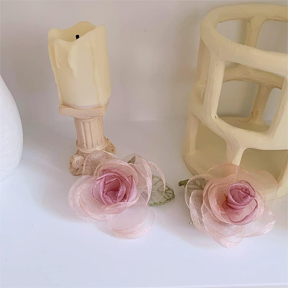 Hair Clips, Pink Flower Barrettes Hair Accessories for Women Girls Kids, Set of 2 Elegant Handmade Organza Camellia Headwear Wedding Styling Tools for Party Wedding Daily - Champagne image number 6