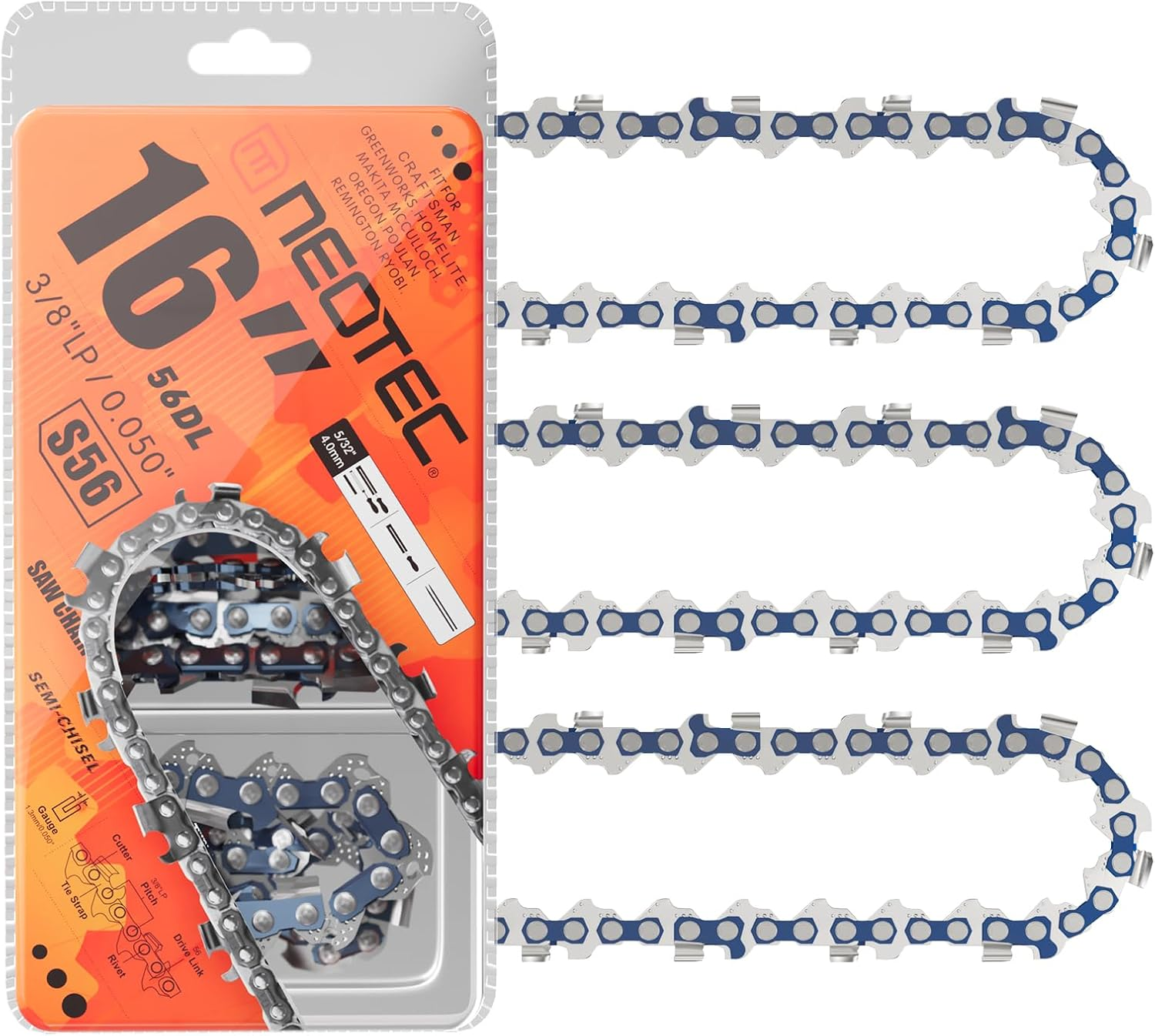 NEO-TEC 16 Inch Chainsaw Chain 3 Pack - S56 - .050" Gauge, 3/8" Low Profile Pitch, 56 Drive Links Compatible with Echo, Shindaiwa, Craftsman, Poulan, Ryobi, Greenworks and More image number 4
