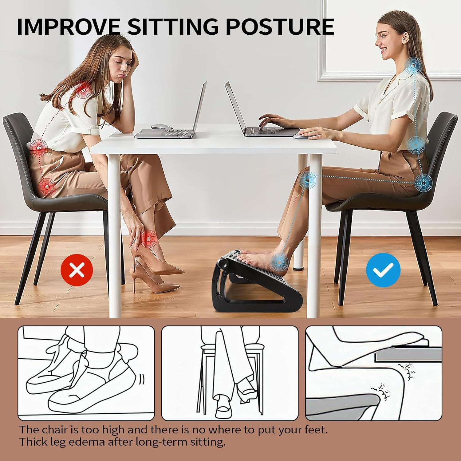 Under Desk Foot Rest, Six Height Adjustable Ergonomic Footstool under Desk with Foot Massage Roller, Suitable for Office, Home Leg Rest Footrest (Black) image number 2