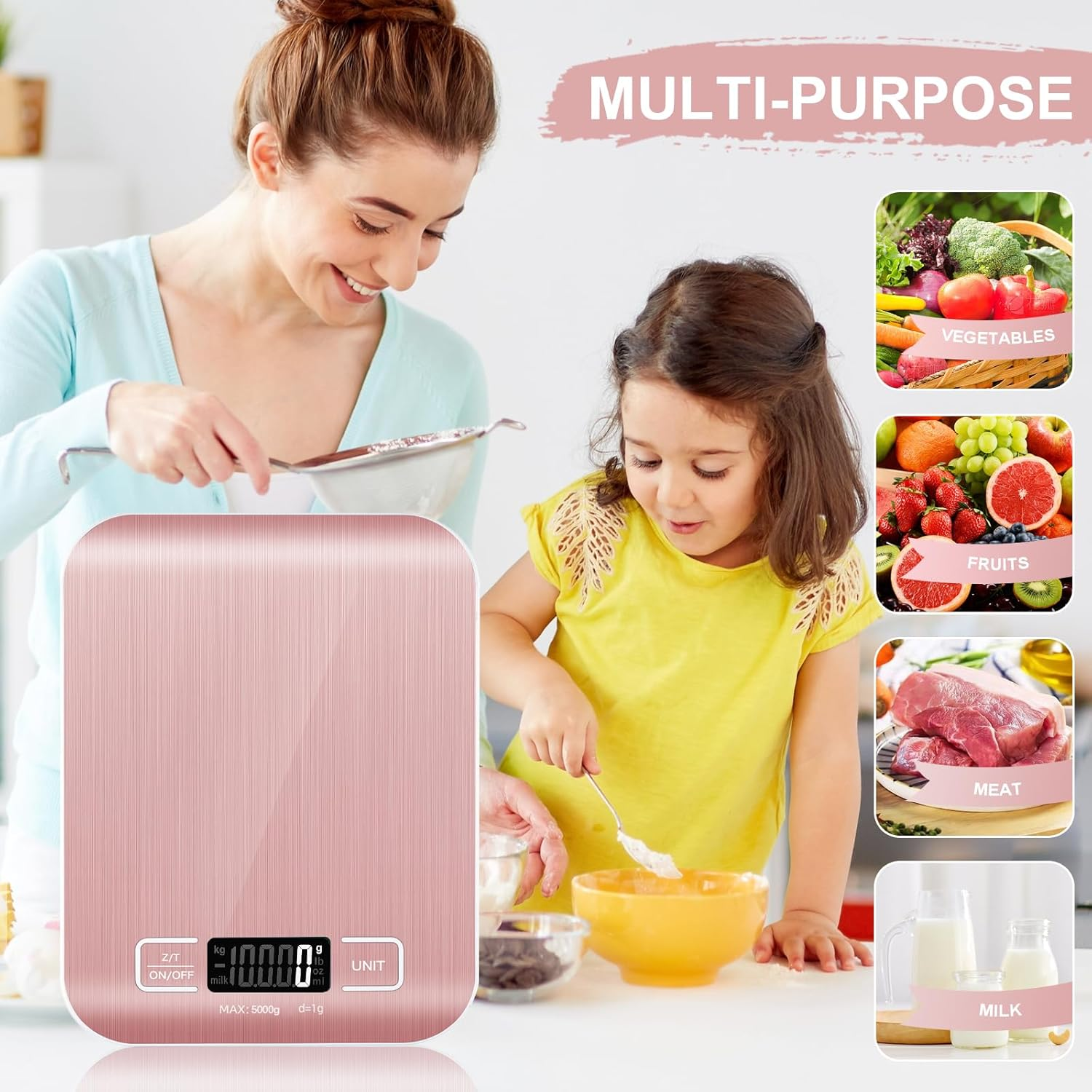 Food Scale, 11Lb Kitchen Scale with 6 Units Tare Function & LCD Display, 0.05Oz/1G Stainless Steel Digital Food Scale Grams and Ounces for Baking, Cooking, Dieting and Meal Prep (Pink) image number 4