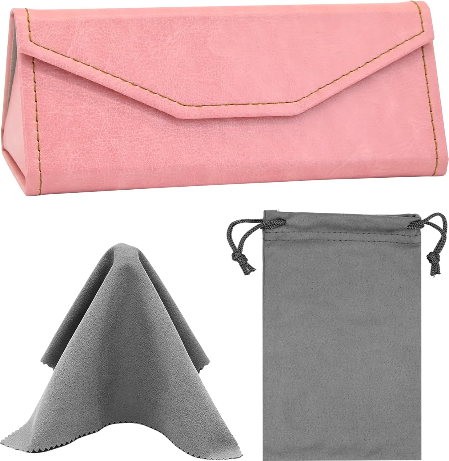 Foldable Eyeglass Case with Cleaning Cloth & Pouch - Magnetic PU Leather Glasses Case - Portable & Lightweight Sunglasses Storage Triangular Fold Reading Glasses Eyewear Protector Box for Men & Women - Coffee image number 7