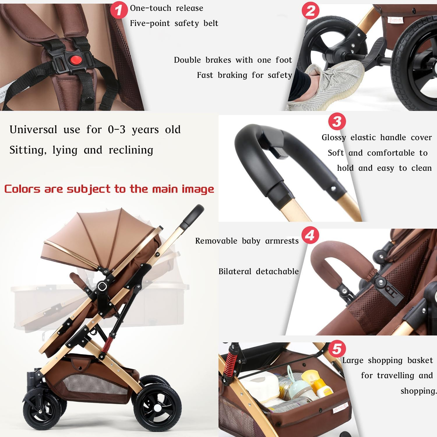 3 in 1 Baby Stroller & Bassinet Pram &ndash; Convertible Newborn Carriage with Reversible Seat, Adjustable Recline, Anti-Shock Wheels, 5-Point Harness, Large Storage Basket, Ideal Baby Pram for Infant & Toddler (Black) image number 4