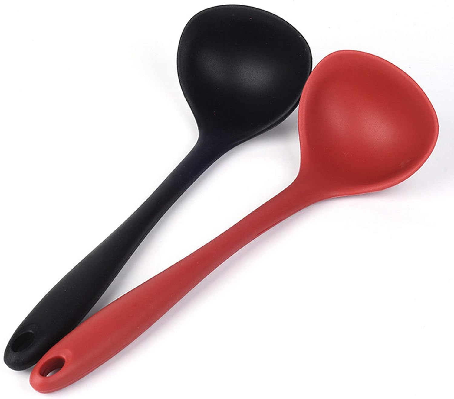 Silicone Ladle Soup Spoon Set of 2, Nonstick Heat Resistant Long Handle Unbreakable Big round Scoop for Home Kitchen Cooking,Red and Black image number 3