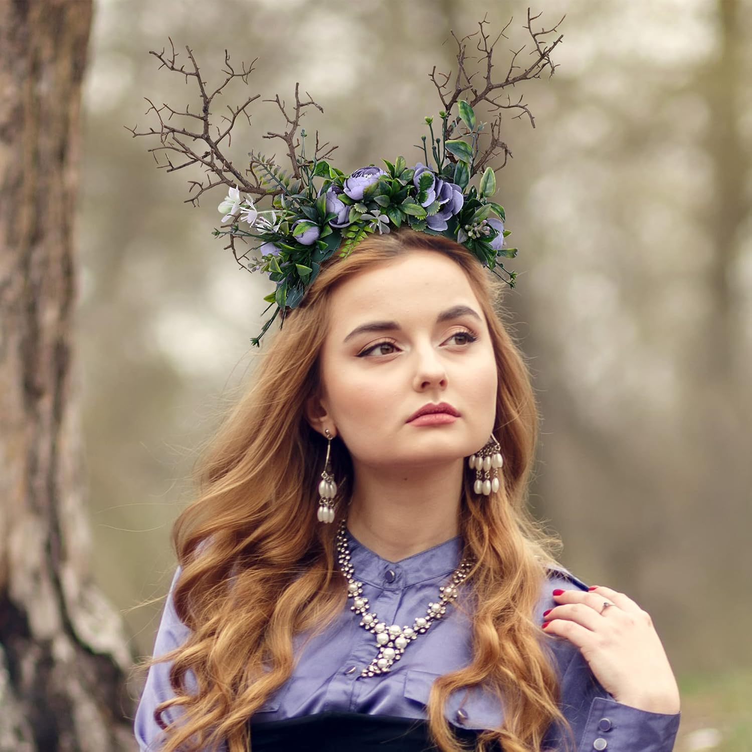 MOSTORY Handmade Forest Crown Antler Tree Branch Headband Purple Rose Flower Headpiece Woodland Fairy Hair Garland for Women Carnival Mardi Gras Renaissance Fair Fae Ball Prom Accessory image number 5