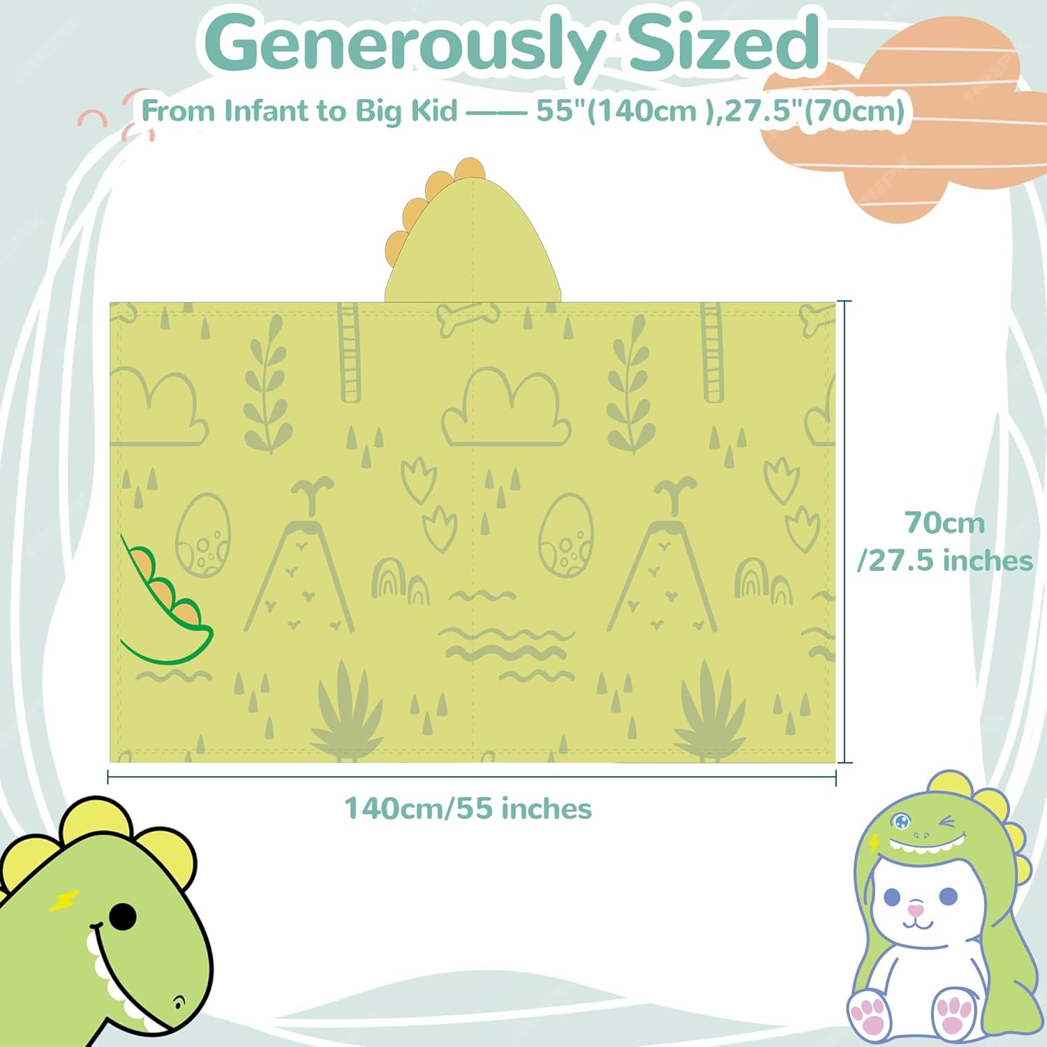 HECCEI Hoodiehug Baby Towels, Premium Coral Fleece Bath Towel with Large Size-Ultra Absorbent for Baby Comfort (Dinosaur) - Dinosaur + Elephant image number 4